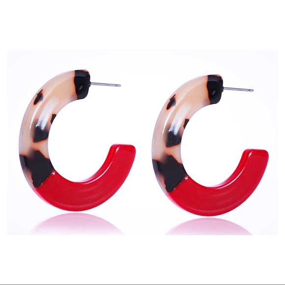 Hoop Earrings Round Flat Brown Red Acrylic NWOT - Picture 3 of 7